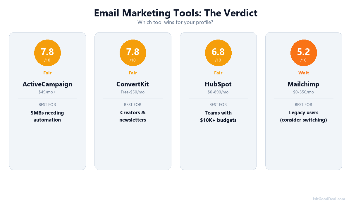 Infographic comparing ActiveCampaign, ConvertKit, HubSpot, and Mailchimp with deal scores and best-for profiles